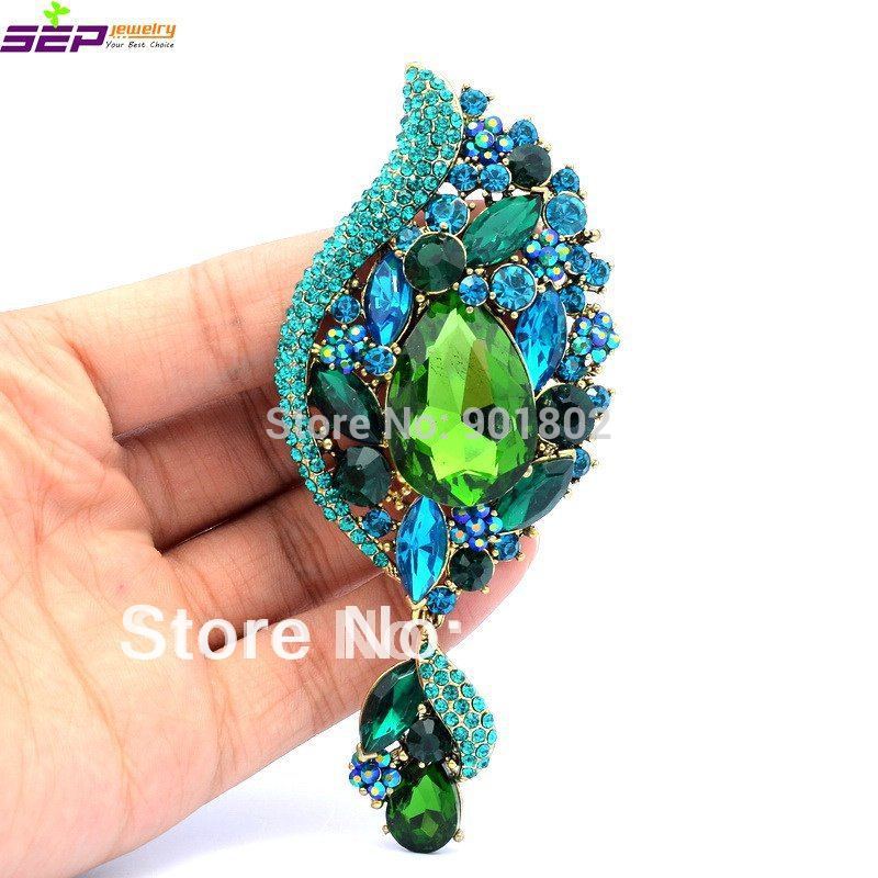 New 2015 Green Rhinestone Brooches Water Drop Flower Broach Pins Crystals Brooch For Women Fashion Jewelry