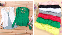 Free Shipping Women's Candy Color Back Hollow Out Cardigan  Long Sleeve Air Conditioning Knitted Sweater/Knitwear 7colors
