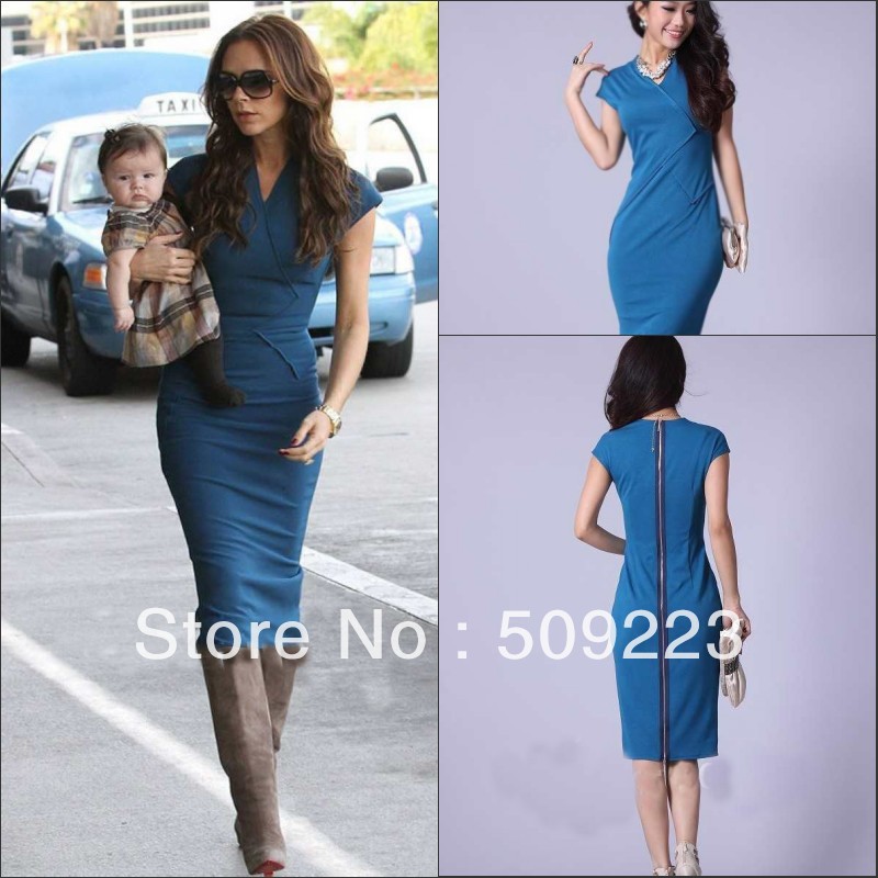 Dazzling blue mid calf length straight zipper fashion short sleeve ...