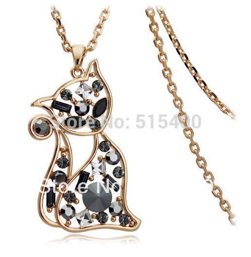 Lovely Cat Pendant Necklace Alloy with Crystals Animal Jewelry Special Gift Free Shipping