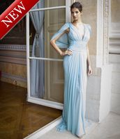Free Shipping  Sheath Tank V Neck Chiffon Sleeveless Zuhair Murad Light Blue Empire Evening Dresses (MDEade4)