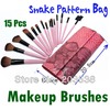 Free Shipping&Drop Shipping 15PCS Professional Makeup Brush Tools Cosmetic Brush Set Eyebrow Comb with Roll up Snake Pattern Bag