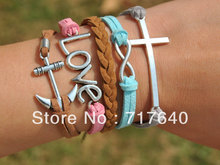 Free shipping!12pcs/lot! Silver Alloy Love Cross Leather Cuff Bracelet Charm Fashion Anchor Infinity Man Costume Jewelry C-042(China (Mainland))