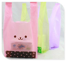 T-Shirts Plastic Shopping Bags/Supermarket Vest/Apparel Promotion Bag/Colorful/Smiling Bear Printing/Free Shipping 100pcs/pack(China (Mainland))