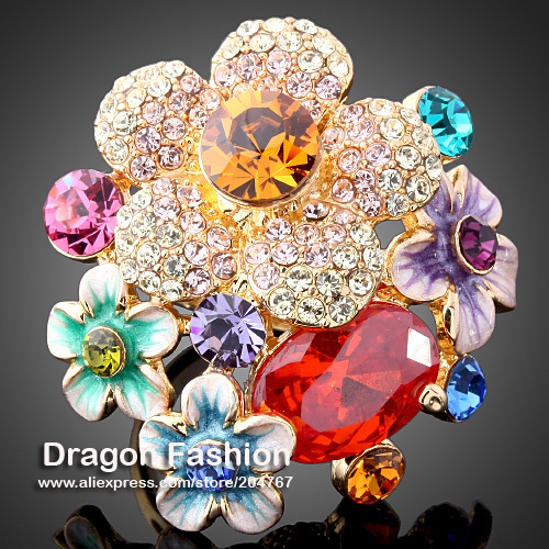 Rhinestone Austrians Crystals Imitation Diamond Ruby Red Gemstone Flower Fashion Ring Jewelry for Women Free Shipping