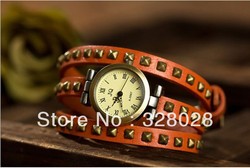 Spirally-wound type cowhide vintage antique copper square rivetSpirally-wound& bangle watch(China (Mainland))