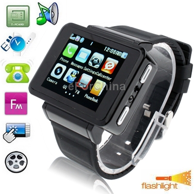 K1 Black Watch Mobile Phone Camera Torch Bluetooth FM Touch Screen Watch Mobile phone Quad band
