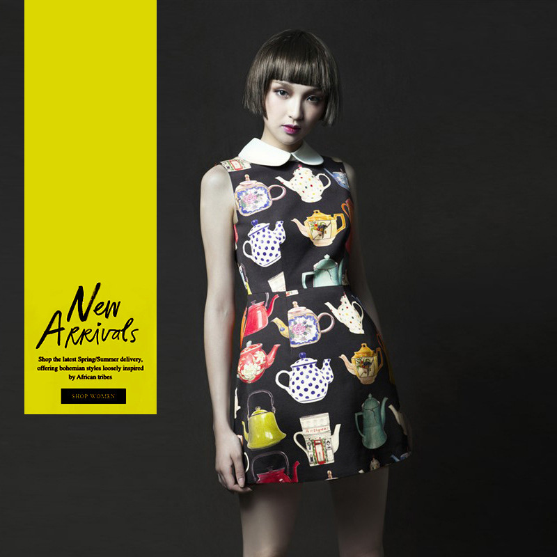2013 New European Fashion Teapot Printed Women Dress Sleeveless Peter Pan Collar Sexy Slim Lady One Pieave Free shipping B120(China (Mainland))