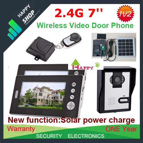 New Solar power charger 2.4G Wireless 7" memory color video door phone intercom system+ remote control( 1camera+2 monitors)(China (Mainland))