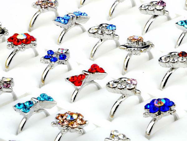 Wholesale Lot 20pcs Silver Plated Assorted Design Crystal Ring Cute Kid Child Party Small Size Adjustable