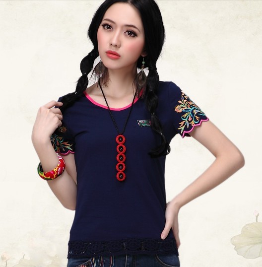 2013 new summer women's national wind chain link fence hollow embroidery V-neck t-shirt lady female Slim short-sleeved shirt(China (Mainland))