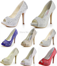 Fast Shipping EP11066-IP Red Gold Silver Sexy Shoes Peep Toe Stiletto Ultra High Heel 5inch Platform Rhinestones Prom Pumps