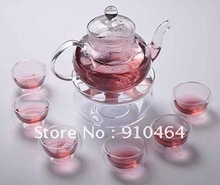 Glass Teapot with Filter 600ml,+6 Double wall glass coffe tea Cup+Warmer+1small Candle+Glass heat insulation pad