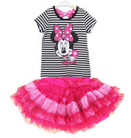 2013 New Design Girl Suit Short Sleeves Cartoon Minnie Mouse Print T shirt 2 Pcs One Set+Glitter Sequins Detail Mini Tutu Skirt