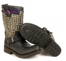 Free EMS Cool 2013 Ash fashion rivet cowhide boots black Women Square heel boots Real leather
