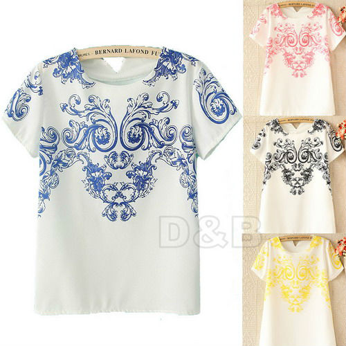 2014 New Vintage Trendy Symmetrical Blue and White Porcelain Print T Shirt Floral Pattern Back V-neck Chiffon T-Shirt Tops 80289