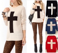 2014 New Fashion Womens Cross Pattern Knit Sweater Outerwear Crew Pullover Tops Free shipping