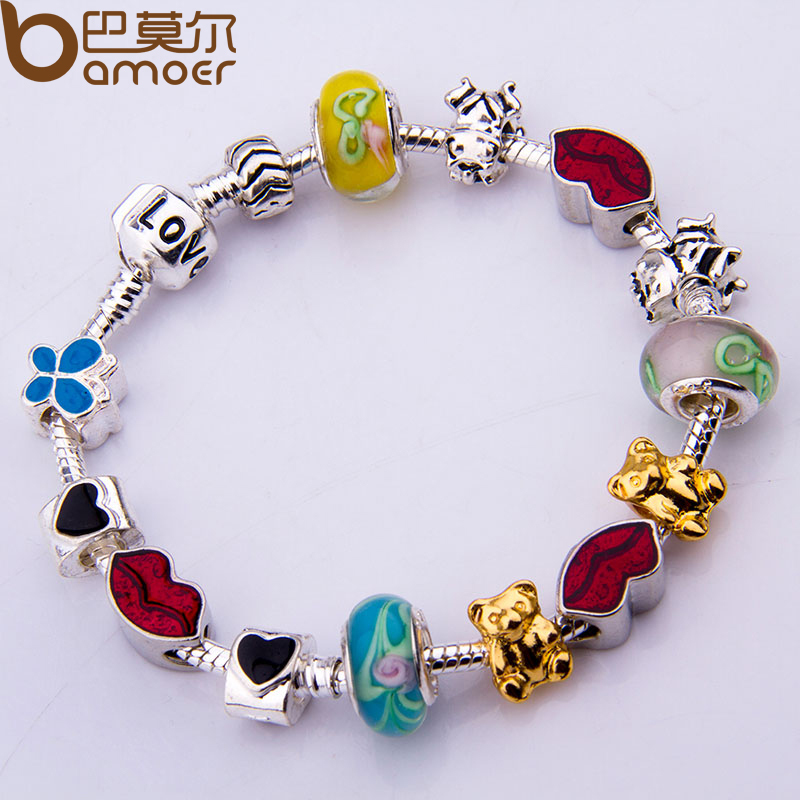 Dropping Shipping European 925 Silver Charm Love Chain Bracelet Bangle for Women With Murano Glass Beads