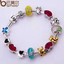 Dropping Shipping European 925 Silver Charm Love Chain Bracelet & Bangle for Women With Murano Glass Beads DIY Jewelry PA1053