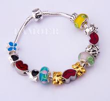 Dropping Shipping European 925 Silver Charm Love Chain Bracelet Bangle for Women With Murano Glass Beads