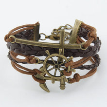 Free Shipping Mens Jewelry Handmade Woven Leather Rope Antique Alloy Cross Rudder Anchor Charming Bracelet Bangle Unisex Min.$10