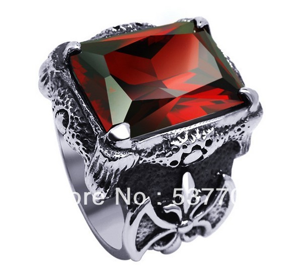 Vintage Men Red Imitated Diamond Jewelry Valentine Gifts Accessories 316L Stainless Steel Ruby Party Rings for