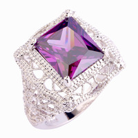 Free Shipping Fashion Jewelry Auspicious Vintage Style Emerald Cut Purple Amethyst 925 Silver Ring Size 6 7 8 9 10 11 Wholesale