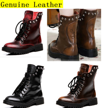 Autumn Winter Military Boots For Women Genuine Leather Shoes Skull Rivets Ankle Boots Heels Platform Combat