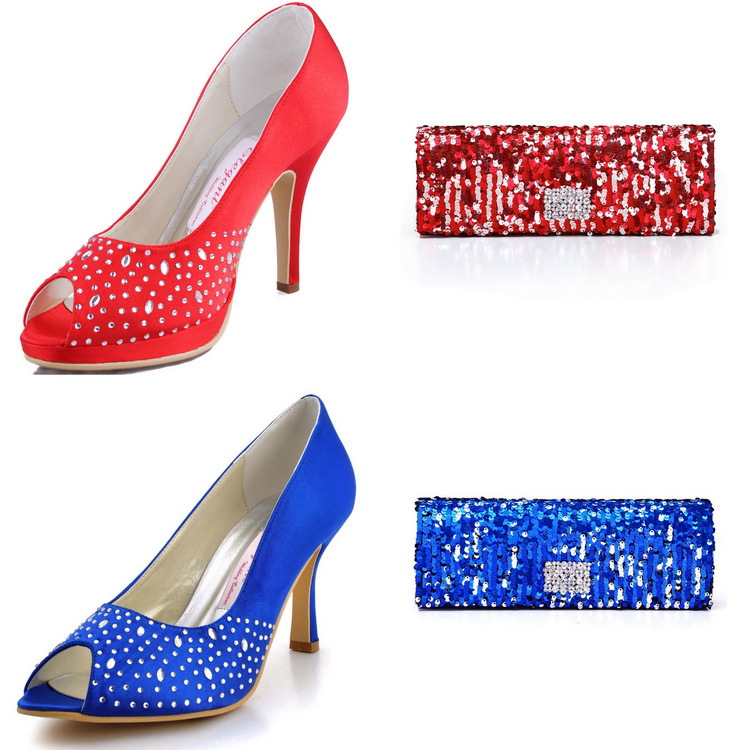 EP11021 Blue Peep Toe Satin Rhinestone Platform Bridal Shoes With Sequin Party Handbag