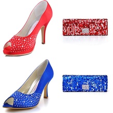 EP11021 Blue Peep Toe Satin Rhinestone Platform Bridal Shoes With Sequin Party Handbag
