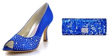 EP11021 Blue Peep Toe Satin Rhinestone Platform Bridal Shoes With Sequin Party Handbag