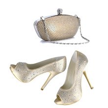EP11066 IP Gold Peep Toe Rhinestone High Heel Platform Satin Women Wedding Shoes and Bag Clutch