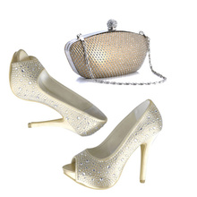 EP11066 IP Gold Peep Toe Rhinestone High Heel Platform Satin Women Wedding Shoes and Bag Clutch