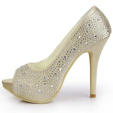 EP11066 IP Gold Peep Toe Rhinestone High Heel Platform Satin Women Wedding Shoes and Bag Clutch