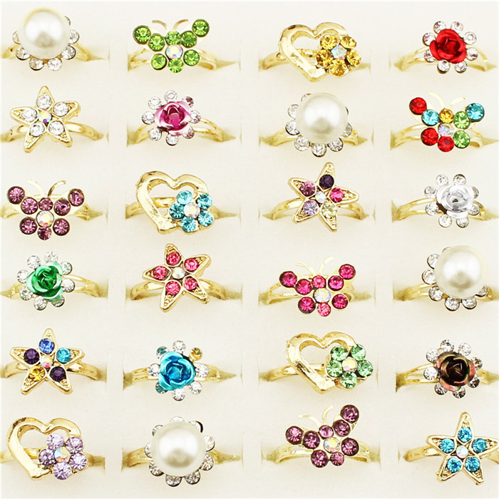Wholesale Lot 30pcs Antique Gold Plated Assorted Cute Flower Animal Girl s Party Adjustable Crystal Ring