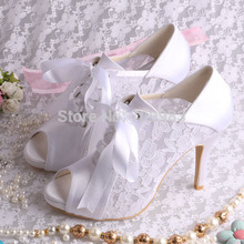 White Lace Bridal Wedding Shoes Ladies Ankle Boots Peep Toes with Lace UP Free Dropshipping