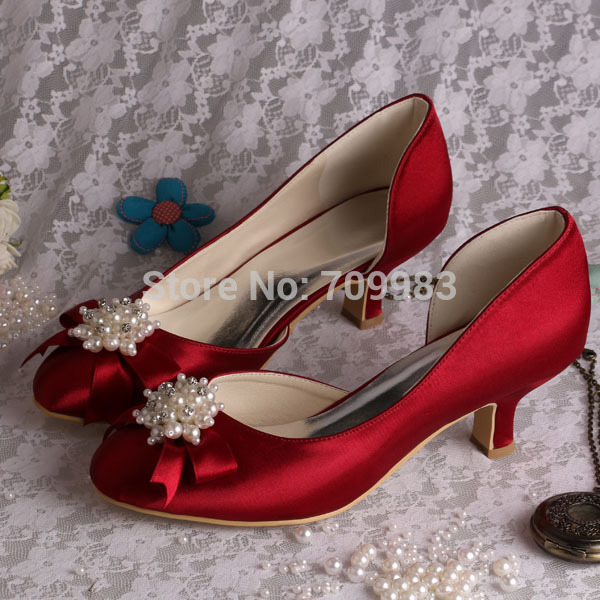  14 Colors Top Quality Burgundy Wedding Bridal Shoes with Pearl Bowtie Low Heeled Size 7
