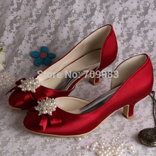 (12 Colors)Top Quality Burgundy Wedding Bridal Shoes with Pearl Bowtie Low Heeled Size 7 Dropshipping