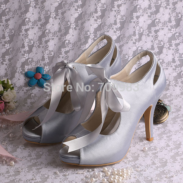  12 Colors Top Quality Grey Satin Upper High Heel Open toes With Ribbon Tie Wedding