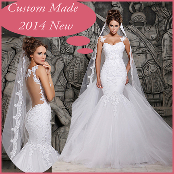 2014 дизайнеры белый кружева и видеть сквозь русалка свадебные платья с съемный поезд свадебные платья тюль VZ-11