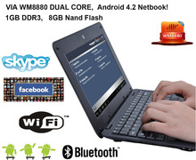 Pc laptop Netbook 10 inch Android 4.2 VIA8880 dual core 1GB DDR3 8GB Nand Flash wifi bluetooth HDMI Rj45 wholesale 10pcs/lot
