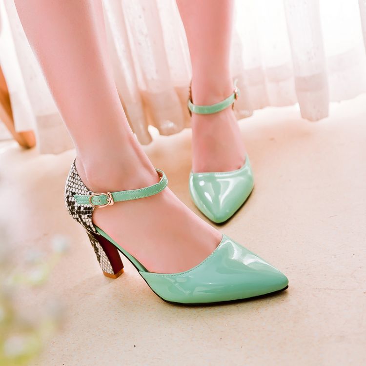 Women Sandals Casual Fashion Pointed Toe Button Shaggy High Female Sandals Color Block Thick Heel Size