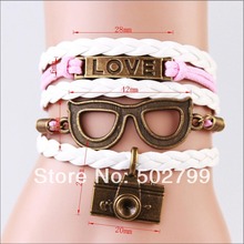 2014 New handmade gift Glases camera love Charms infinity Bracelet white pink color woven leather Braclet