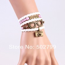 2014 New handmade gift Glases camera love Charms infinity Bracelet white pink color woven leather Braclet