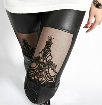 New 2014 Punk PU Leather Stitching Embroidery Bundled Hollow Lace Leggings for Women