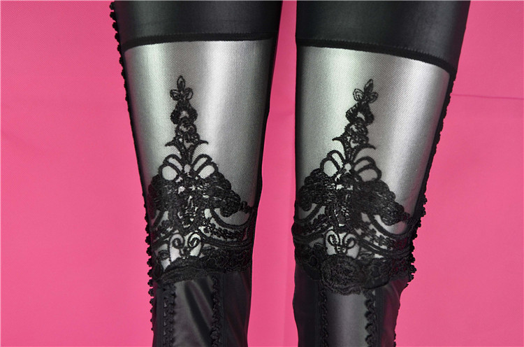New 2014 Punk PU Leather Stitching Embroidery Bundled Hollow Lace Leggings for Women