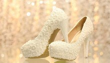 Free Shipping 2014 Newest Design Fast Shipping Pearls High Heel Women Pumps Bride Shoes For Wedding