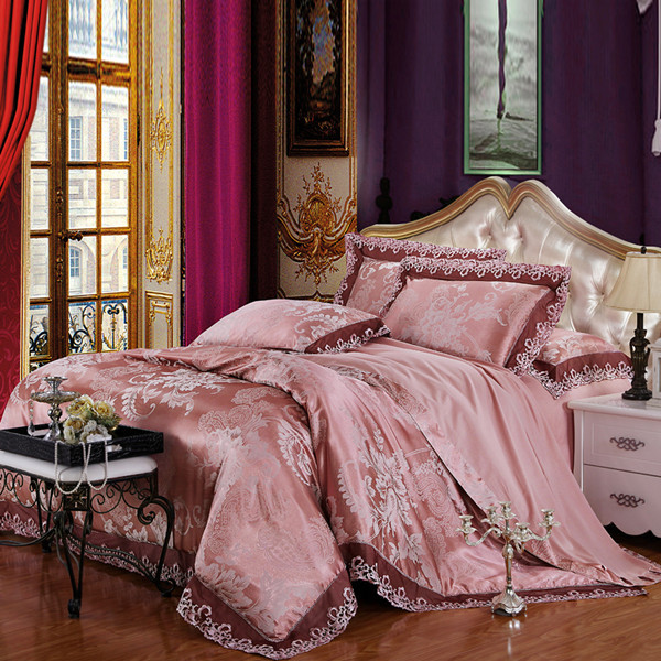 !!!Elegant tribute silk/cotton jacquard bedding set 4pc lace edge bed ...
