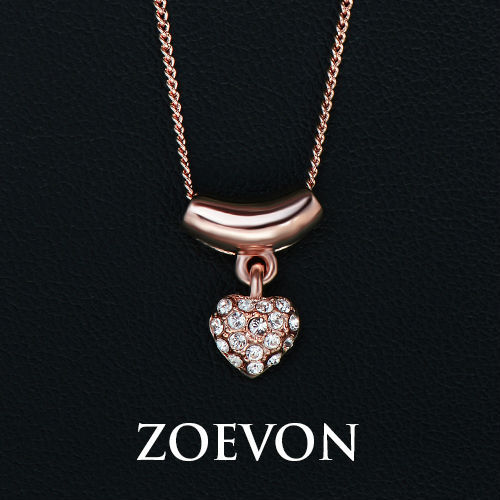 ZOEVON 18K Rose Gold Plated Clear Crystal Rhinestones Heart Shaped Hanging Pendant Necklace Love Gift Jewelry