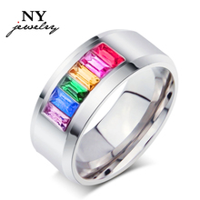 Elegant rectangle Rainbow Crystal Ring Stainless Steel gay jewelry  PR-007